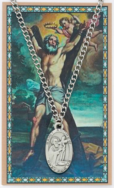 Oval St. Andrew Medal with Prayer Card - Silver tone