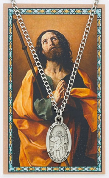 Oval St. James the Greater Medal with Prayer Card - Silver tone