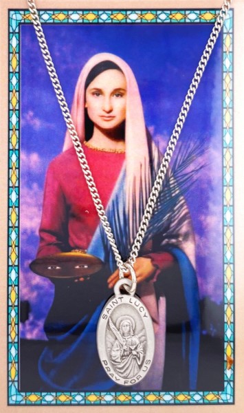 Oval St. Lucy Medal with Prayer Card - Silver tone