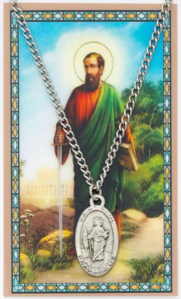 Oval St. Paul Medal with Prayer Card - Silver tone