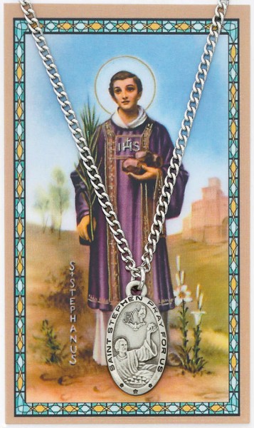 Oval St. Stephen Medal with Prayer Card - Silver tone