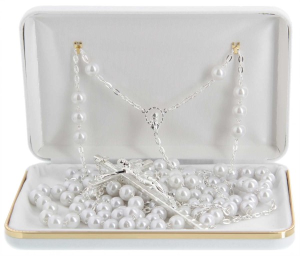 Pearl Lasso Wedding Rosary Silver Tone Accents - With Deluxe Box