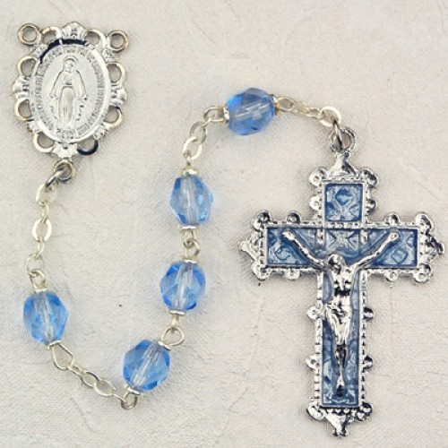 December Birthstone Rosary (Zircon) - Rhodium Plated - Light Blue