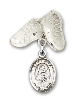 Pin Badge with St. Rita of Cascia Charm and Baby Boots Pin - Silver tone