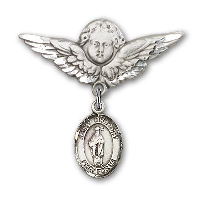 Pin Badge with St. Gregory the Great Charm and Angel with Larger Wings Badge Pin - Silver tone