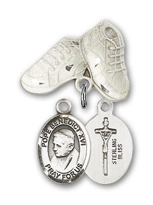 Baby Badge with Pope Benedict XVI Charm and Baby Boots Pin - Silver tone
