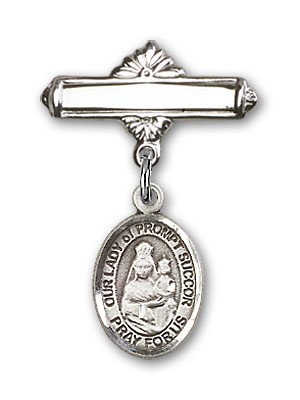 Pin Badge with Our Lady of Prompt Succor Charm and Polished Engravable Badge Pin - Silver tone