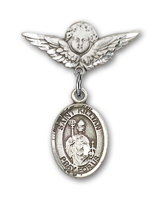 Pin Badge with St. Kilian Charm and Angel with Smaller Wings Badge Pin - Silver tone