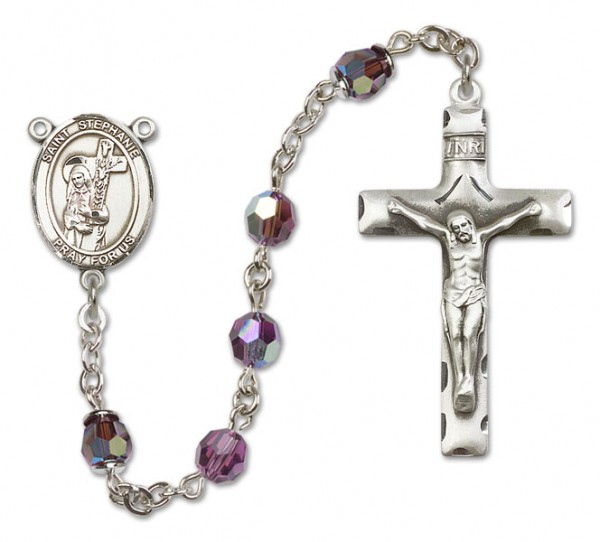 St. Stephanie Sterling Silver Heirloom Rosary Squared Crucifix - Amethyst
