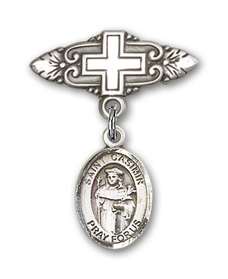 Pin Badge with St. Casimir of Poland Charm and Badge Pin with Cross - Silver tone