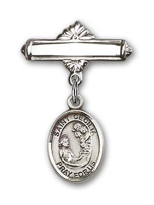 Pin Badge with St. Cecilia Charm and Polished Engravable Badge Pin - Silver tone