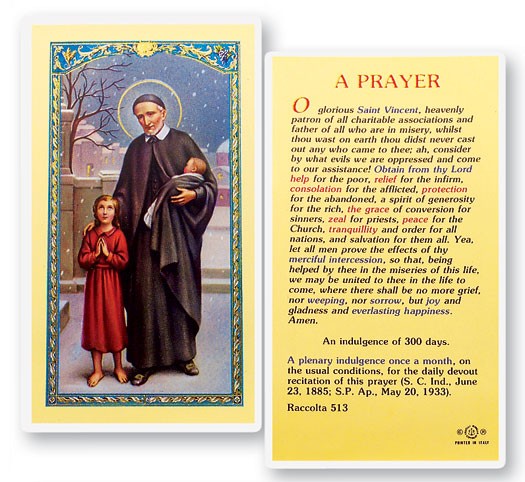Prayer To St. Vincent De Paul Laminated Prayer Card - 25 Cards Per Pack .80 per card