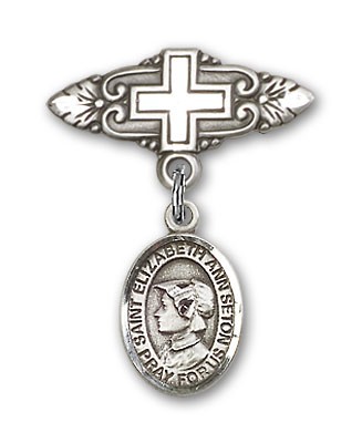 Pin Badge with St. Elizabeth Ann Seton Charm and Badge Pin with Cross - Silver tone