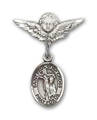 Pin Badge with St. Paul of the Cross Charm and Angel with Smaller Wings Badge Pin - Silver tone