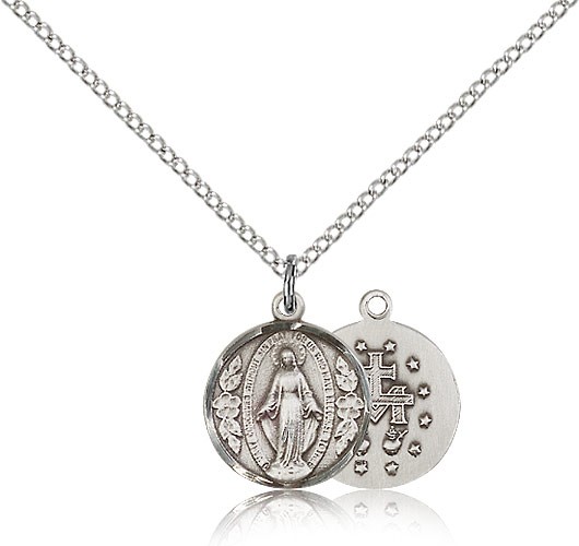 Petite Miraculous Medal with Floral Leaf Accents Necklace - Sterling Silver
