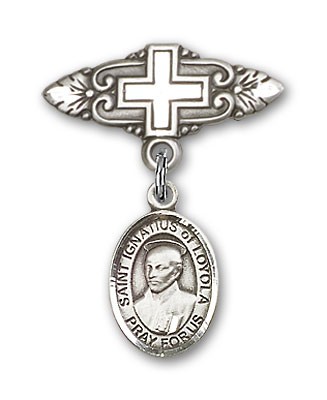 Pin Badge with St. Ignatius Charm and Badge Pin with Cross - Silver tone