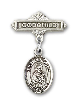 Pin Badge with St. Christian Demosthenes Charm and Godchild Badge Pin - Silver tone