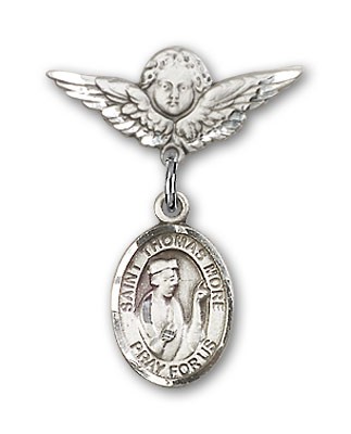 Pin Badge with St. Thomas More Charm and Angel with Smaller Wings Badge Pin - Silver tone