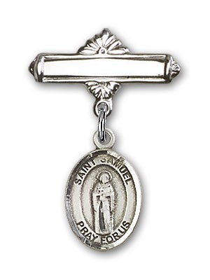 Pin Badge with St. Samuel Charm and Polished Engravable Badge Pin - Silver tone