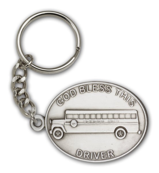God Bless This Bus Driver Keychain - Antique Silver