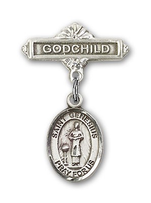 Pin Badge with St. Genesius of Rome Charm and Godchild Badge Pin - Silver tone