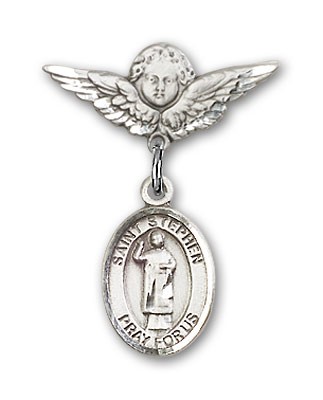 Pin Badge with St. Stephen the Martyr Charm and Angel with Smaller Wings Badge Pin - Silver tone
