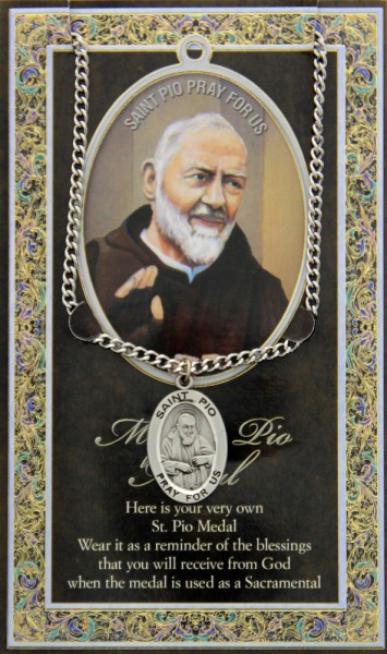 St. Padre Pio Medal in Pewter with Bi-Fold Prayer Card - Silver tone