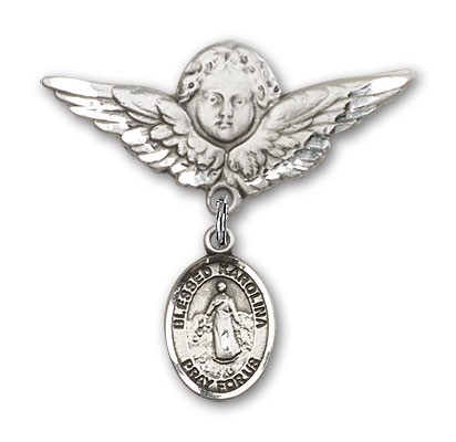 Pin Badge with Blessed Karolina Kozkowna Charm and Angel with Larger Wings Badge Pin - Silver tone