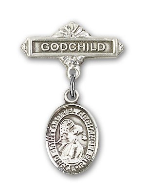 Pin Badge with St. Gabriel the Archangel Charm and Godchild Badge Pin - Silver tone