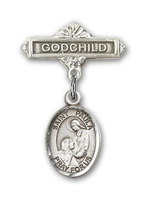 Pin Badge with St. Paula Charm and Godchild Badge Pin - Silver tone