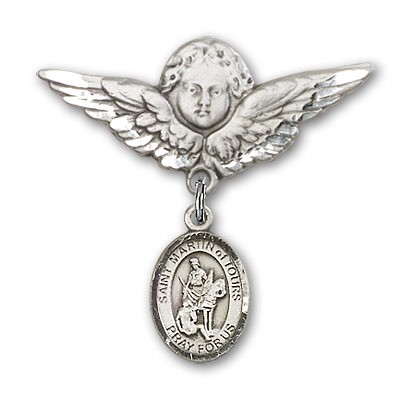 Pin Badge with St. Martin of Tours Charm and Angel with Larger Wings Badge Pin - Silver tone