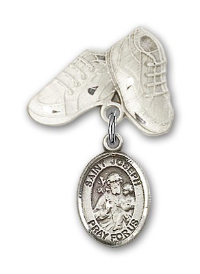 Pin Badge with St. Joseph Charm and Baby Boots Pin - Silver tone