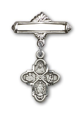 Pin Badge with 4-Way Charm and Polished Engravable Badge Pin - Silver tone