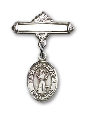 Pin Badge with St. Francis of Assisi Charm and Polished Engravable Badge Pin - Silver tone