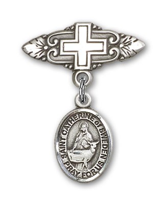 Pin Badge with St. Catherine of Sweden Charm and Badge Pin with Cross - Silver tone