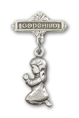 Baby Pin with Praying Girl Charm and Godchild Badge Pin - Silver tone