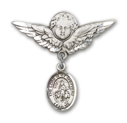 Pin Badge with Lord Is My Shepherd Charm and Angel with Larger Wings Badge Pin - Silver tone