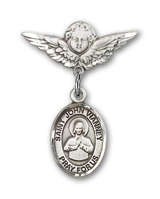 Pin Badge with St. John Vianney Charm and Angel with Smaller Wings Badge Pin - Silver tone