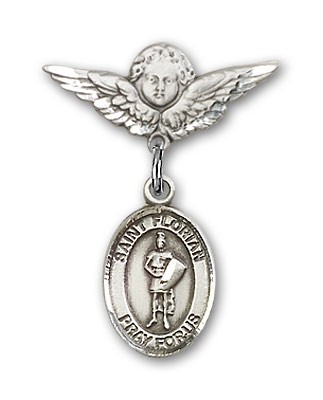 Pin Badge with St. Florian Charm and Angel with Smaller Wings Badge Pin - Silver tone