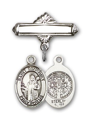 Pin Badge with St. Benedict Charm and Polished Engravable Badge Pin - Silver tone