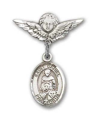 Pin Badge with St. Daniel Charm and Angel with Smaller Wings Badge Pin - Silver tone