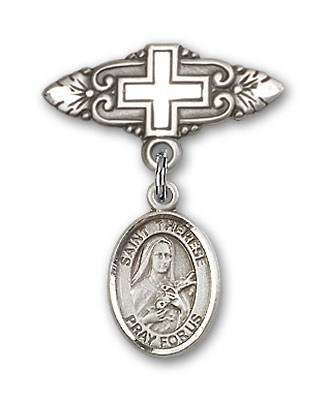 Pin Badge with St. Therese of Lisieux Charm and Badge Pin with Cross - Silver tone
