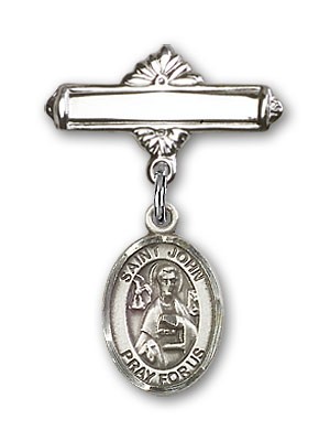 Pin Badge with St. John the Apostle Charm and Polished Engravable Badge Pin - Silver tone