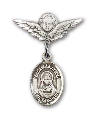 Pin Badge with St. Rebecca Charm and Angel with Smaller Wings Badge Pin - Silver tone