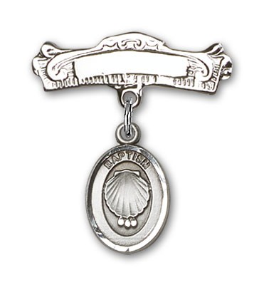 Baby Pin with Baptism Charm and Arched Polished Engravable Badge Pin - Silver tone