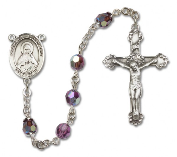 Immaculate Heart of Mary Sterling Silver Heirloom Rosary Fancy Crucifix - Amethyst