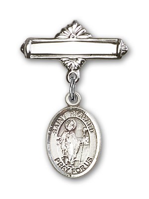 Pin Badge with St. Richard Charm and Polished Engravable Badge Pin - Silver tone