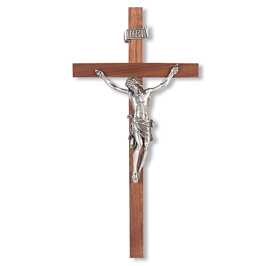 Slimline Walnut Wall Crucifix with Bowed Corpus - 11 inch - Brown