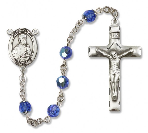 St. Thomas the Apostle Sterling Silver Heirloom Rosary Squared Crucifix - Sapphire