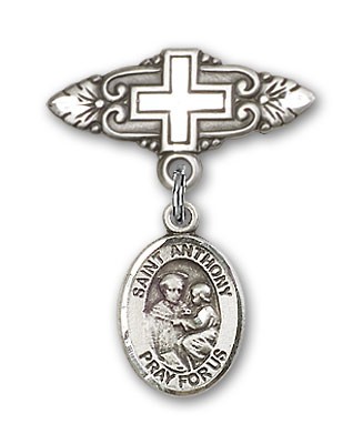 Pin Badge with St. Anthony of Padua Charm and Badge Pin with Cross - Silver tone
